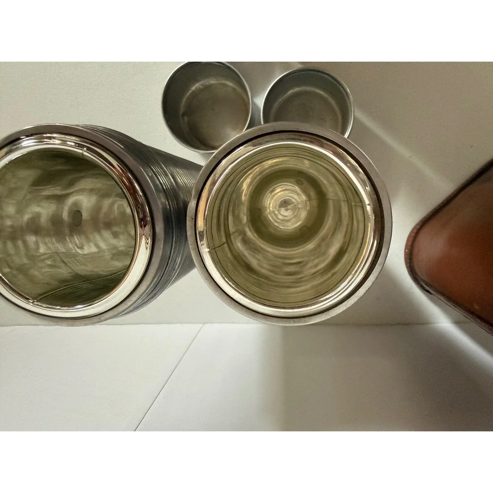Vintage Thermos Aluminum Ribbed Flask Set Vacuum with Brown Leather Carry Case